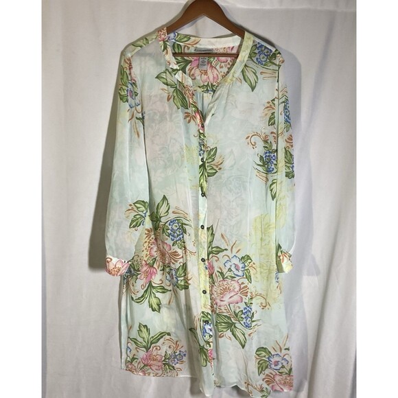 CATHERINES white pink multicolor floral semi sheer button up shirt dress 1X - Picture 1 of 7